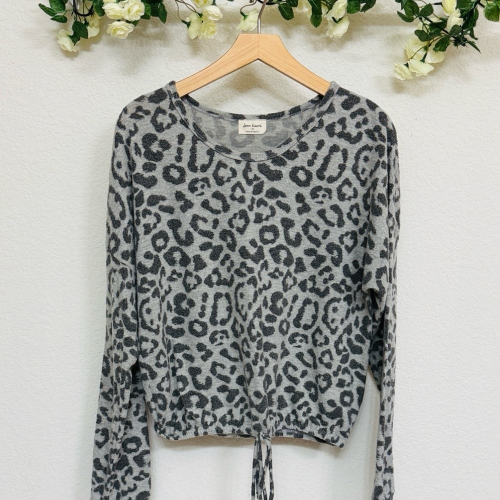 Free Kisses • Soft Plush Gray Leopard Print Sweater with Drawstring Hemline